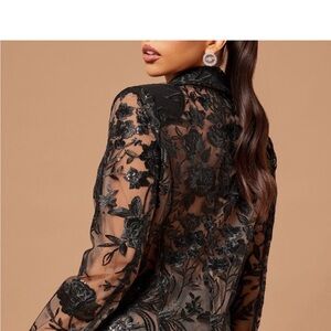 Sheer Black Floral Embroidered Blazer and pants suit.
